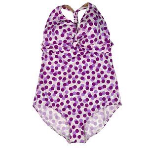 NWT LL Bean One-Piece Swimsuit Womens Size 18 Purple Polka Dot Low Back UPF 50+